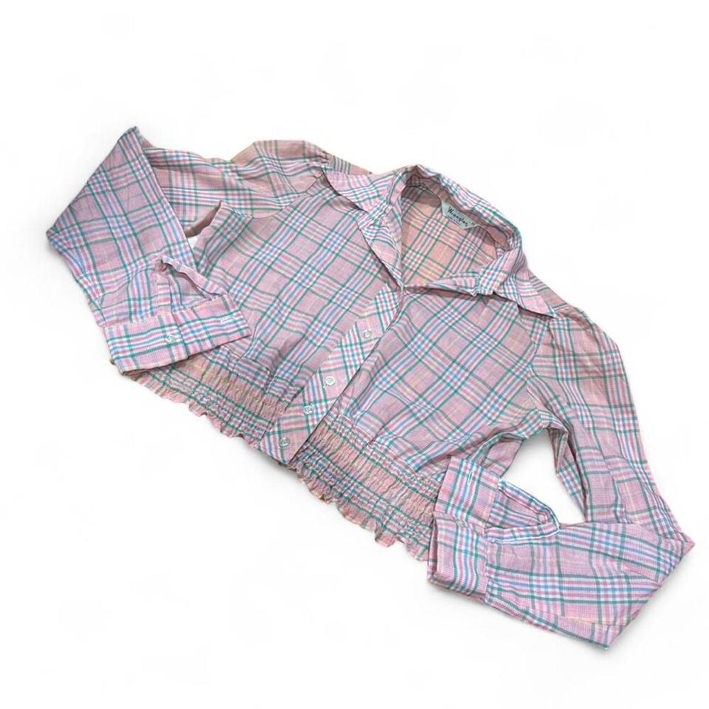 Y2K Vintage Wrangler Plaid Babydoll Peplum Shirt Elastic Waist Top